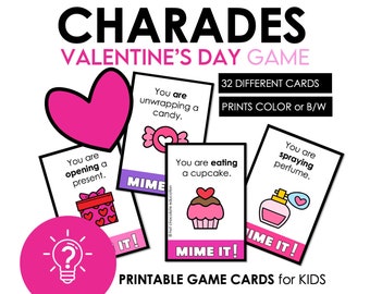 Charades de la Saint-Valentin, jeu de charades pour enfants, jeu de charades en classe, cartes verbe charade, activité VDAY imprimable pour enfants, jeu de mime