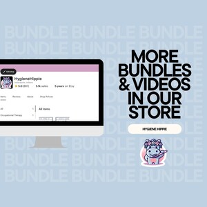 May include: A computer monitor displays an Etsy shop page for HygieneHippie, with a 5-star rating and over 5,000 sales. The image also features the text "More Bundles & Videos in Our Store" and a cartoon character.