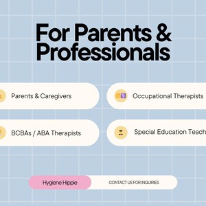 May include: A light blue background with a grid pattern features the text "For Parents & Professionals." Below are four rounded rectangles with text: "Parents & Caregivers," "Occupational Therapists," "BCBAs / ABA Therapists," and "Special Education Teachers."