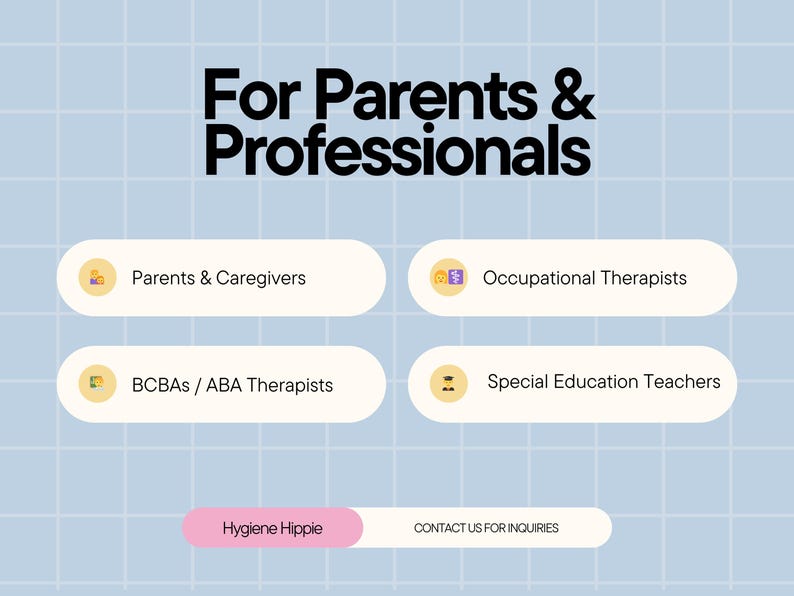 May include: A light blue background with a grid pattern features the text "For Parents & Professionals." Below are four rounded rectangles with text: "Parents & Caregivers," "Occupational Therapists," "BCBAs / ABA Therapists," and "Special Education Teachers."