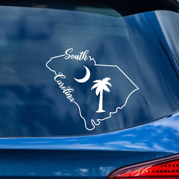 South Carolina Decal with palm tree and moon. South Carolina Custom Decal for Car, Truck, or Vehicle Window. South Carolina State Outline.
