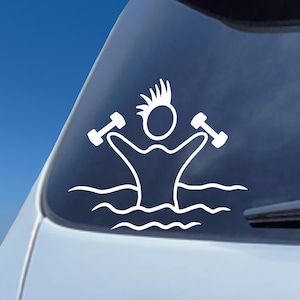 May include: White vinyl sticker of a person doing water aerobics with dumbbells. The person is in the water with waves around them.