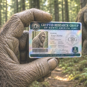 May include: A rectangular identification card for the Cryptid Research Group of North America. The card features a holographic finish, a portrait of a hairy creature, the text Your Name, ID number CRG-87421, and a signature by D. Halloway.