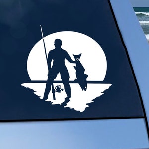 May include: A white silhouette of a person holding a fish against a white moon background. The person is holding a fishing rod and the fish is facing to the right. The silhouette is on a dark blue background.