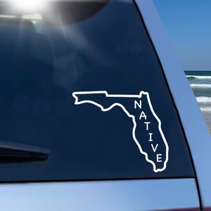 Florida native state shaped window decal sticker for car, truck or camper. Florida state outline decal for Florida natives.