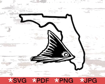 Könnte beinhalten: Schwarz-weiße Grafik des Bundesstaates Florida mit einer stilisierten Fischschwanzflosse. Das Bild enthält die Dateityp-Symbole: SVG, PDF, PNG und JPG in einem roten Balken unten.