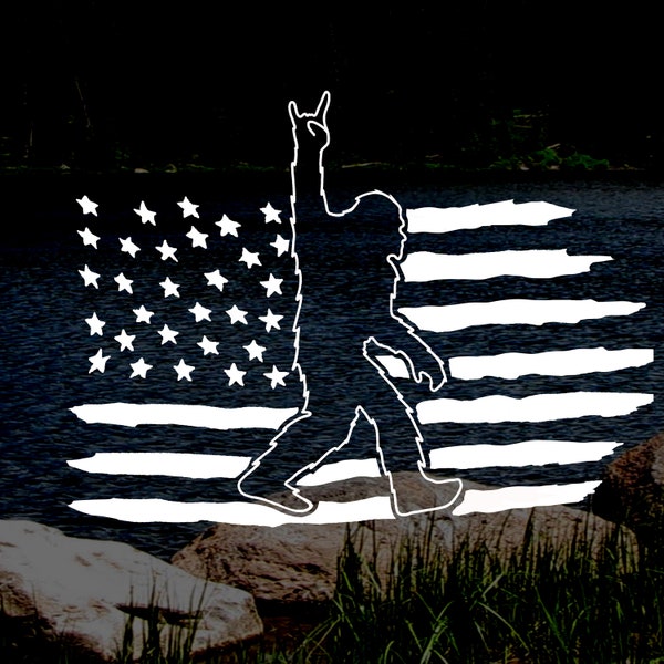 Bigfoot Sasquatch Rock On Decal Sticker. Bigfoot and USA Flag Decal. Oracle 651 Waterproof Vinyl. Apply to Vehicle Windows. Bigfoot Graphic.