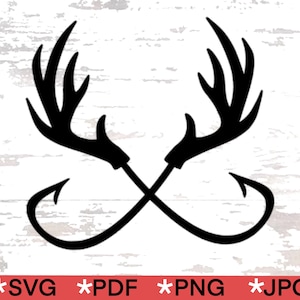 May include: Black silhouette of two deer antlers with a fish hook design at the base of each antler.