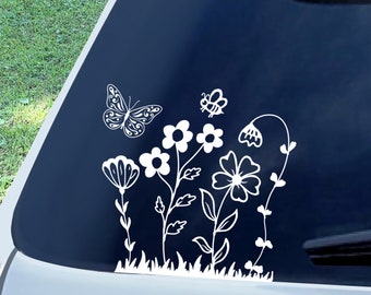 Wildflowers and Butterfly Decal. Butterfly Car Window Decal. Wildflower and Bee Decal. Nature Lovers Stickers, Nature Lover Gifts, Bee Decal