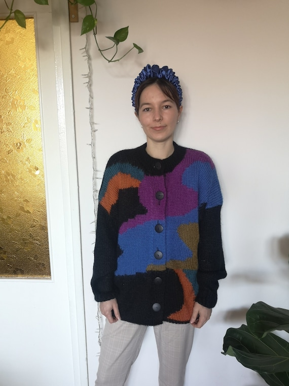 Mohair long sweater, 80's sweater with abstract pa