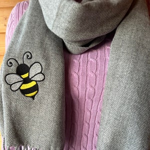 Embroidered bee light grey scarf, gift for her, gift for bee lovers, bee gifts