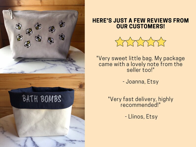 May include: Two handmade fabric storage containers. The first is a gray zippered pouch with embroidered bees. The second is a white canvas container with a navy blue top and the text "BATH BOMBS" embroidered on the top. The image includes customer reviews with five stars and text that reads "HERE'S JUST A FEW REVIEWS FROM OUR CUSTOMERS!"