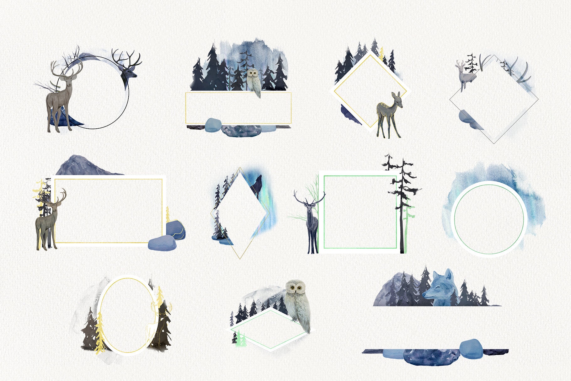 Watercolor frames with animals night forest. Forest animals | Etsy