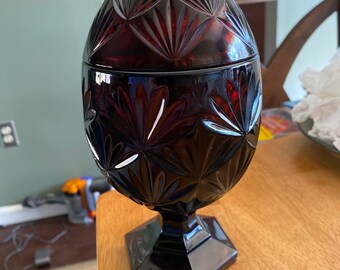 Vintage ruby glass egg shaped candy dish with lid