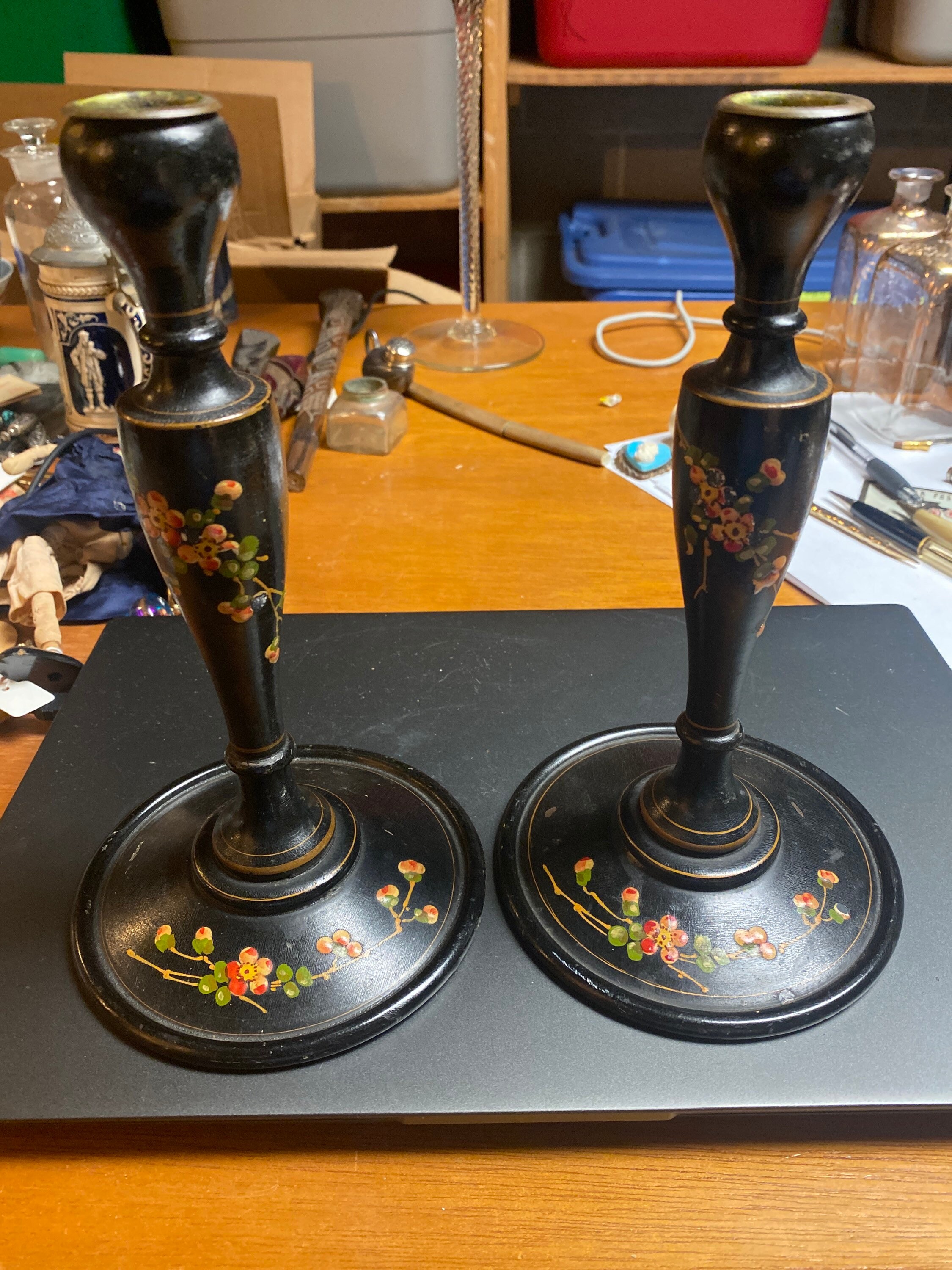 Hand painted wood candlestick holders