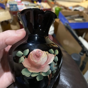 Black amethyst glass vase with painted rose
