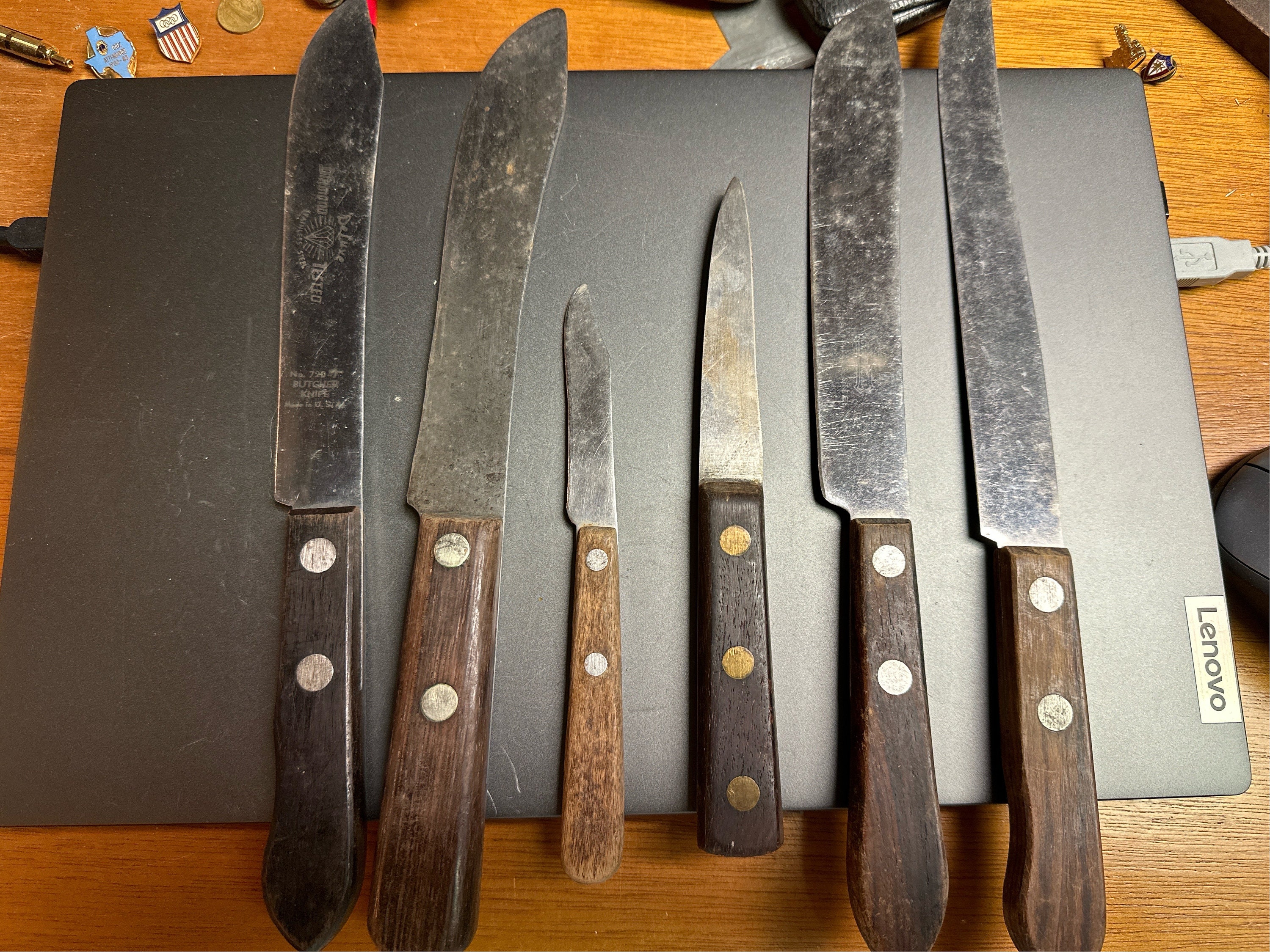 Vintage Kitchen Knife Lot 3A All Different Black Wood Handle Steel Serrated  & Plain Blade Marked 10.5-15.25 Long Country Decor 