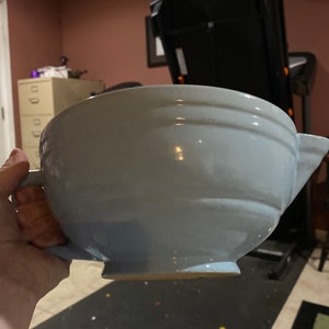 Vintage crockery mixing bowl with handle and spout