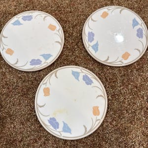 Puede incluir: Tres platos de cerámica blanca con un diseño floral. Cada plato presenta un borde beige y un patrón de flores azules, naranjas y moradas. Los platos están dispuestos sobre una superficie marrón.