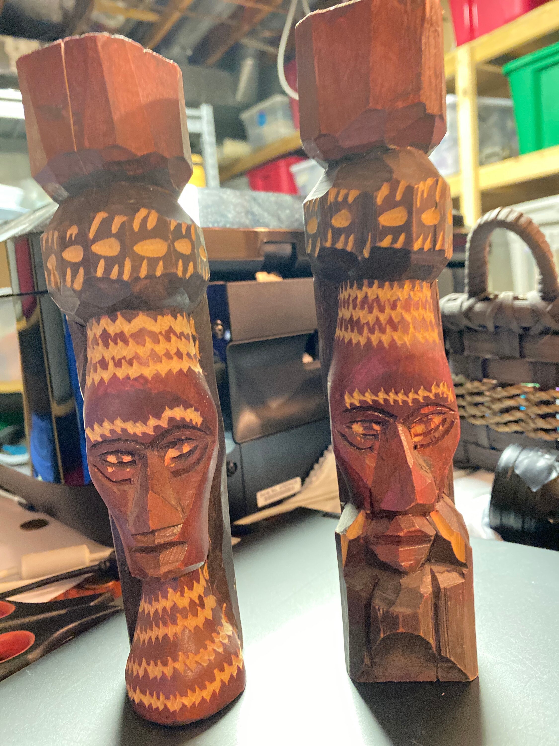 Set of 2 carved wood tikis from Jamaica Etsy