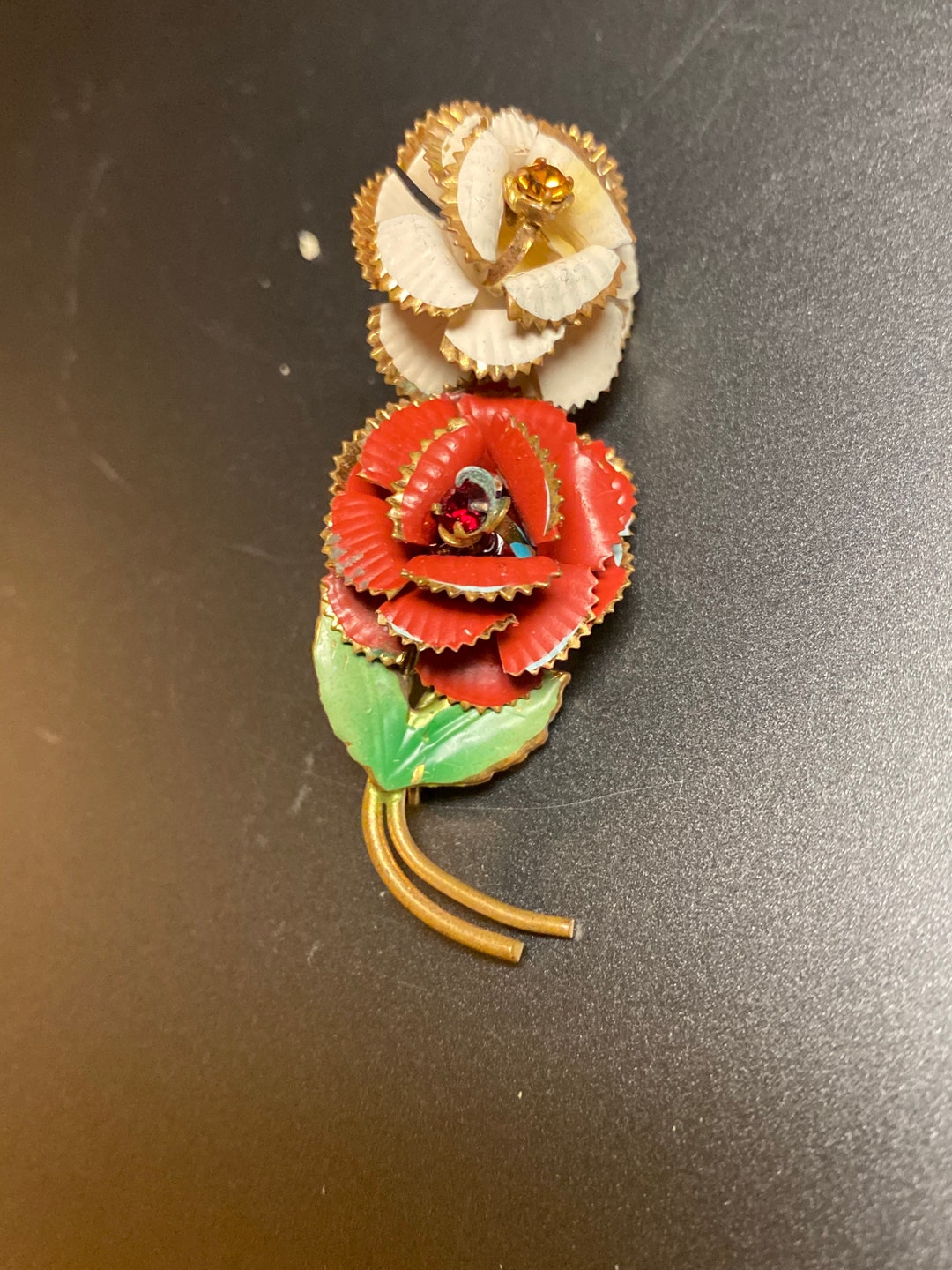 Vintage Gold Tone and Enamel Rose Pin - Etsy