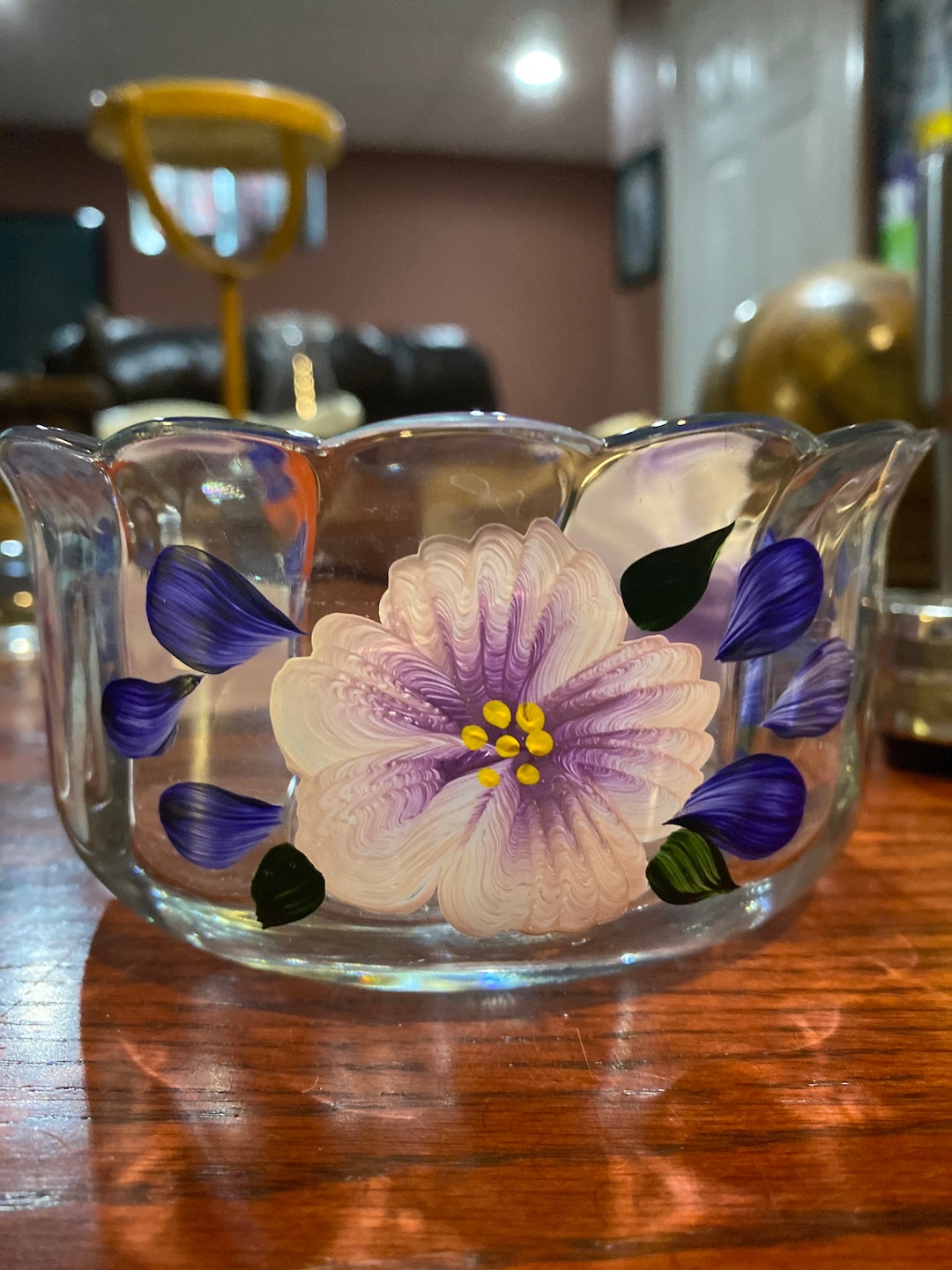 Glass Bowl With Painted Purple Flowers Etsy