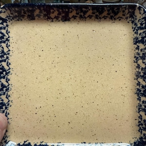May include: A square ceramic plate with a speckled tan center and a dark blue, speckled border. The plate has a slightly raised edge and a glossy finish. This plate is suitable for serving food.