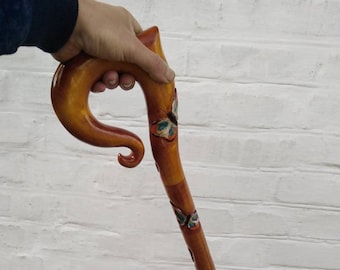 Wooden carved walking cane handmade with butterflies Hiking cane wooden Cane for woman