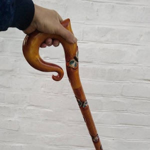 Wooden carved walking cane handmade with butterflies Hiking cane wooden Cane for woman