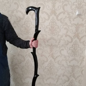 60&quot; Black Plant-Inspired Walking Staff with Twisted Handle – Glossy Wood Cane with Rubber Tip – Custom Nature Staff for Men or Women