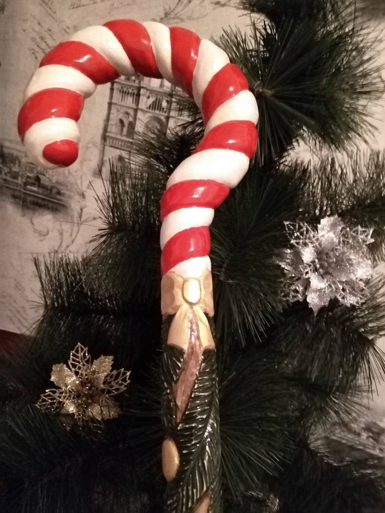 Hand Carved Christmas Walking Cane: Unique Wooden Hiking Stick