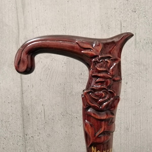 Hand-Carved Rose Cane – Custom Wooden Walking Stick with Rubber Tip | Personalized Floral Cane for Men & Women