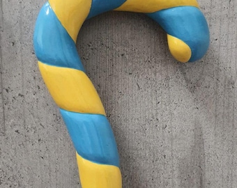 Handcrafted Yellow and Blue Candy-Cane Style Walking Cane – Glossy Finish & Rubber Tip | Custom Length