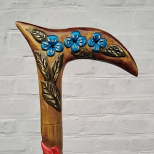 Handcrafted Wooden Walking Cane with Red Poppies – Floral Custom Cane – Personalized Light Wood Cane Gift