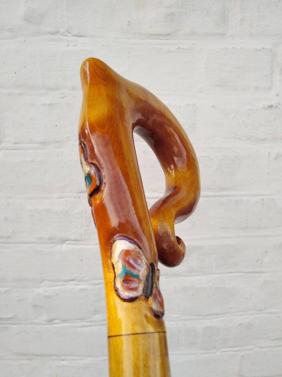 Wooden Carved Walking Cane Handmade With Butterflies Hiking Cane
