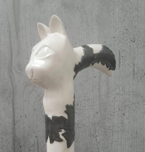 Hand Carved Wooden Walking Cane: Unique White Cat Hiking Stick