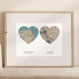 Impression de carte cardiaque personnalisée 2 lieux | Toile de carte personnalisée | Poster de carte personnalisée | Cadeau personnalisé | Cadeau interurbain | Cadeau d'anniversaire