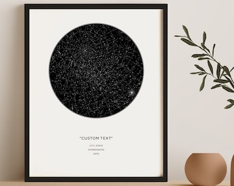 May include: A black and white framed print of a star map with a circle of stars against a black background. The print includes the text "CUSTOM TEXT", "CITY, STATE", "COORDINATES", and "DATE".