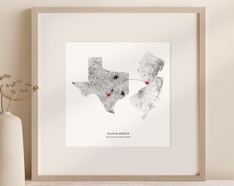 Custom Map Print 2 States | State to State Personalized Map Canvas | Custom Heart Map Poster | Long Distance Friend Gift | Moving Away Gift