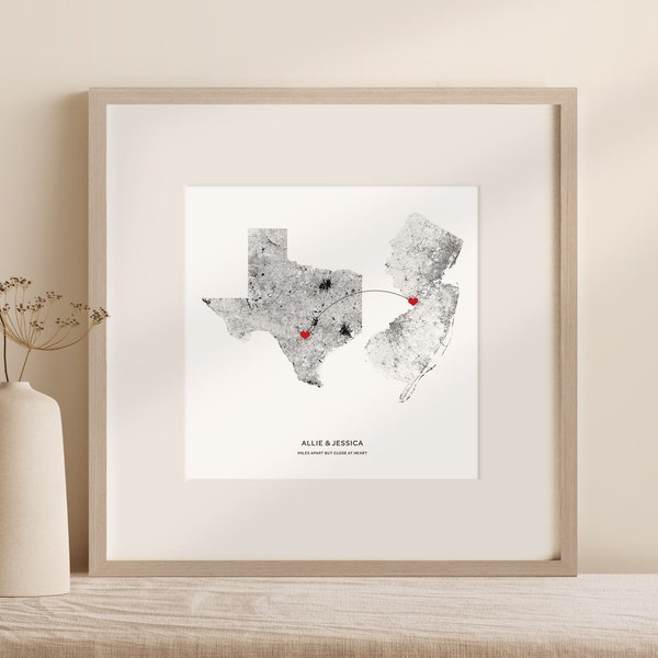 Custom Map Print 2 States | State to State Personalized Map Canvas | Custom Heart Map Poster | Long Distance Friend Gift | Moving Away Gift