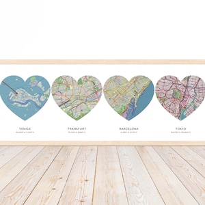Impression de carte personnalisée coeurs 4 emplacements | Toile de cartes personnalisées | Poster de carte personnalisée | Cadeau personnalisé | Cartes familiales | Illustration de carte interurbaine