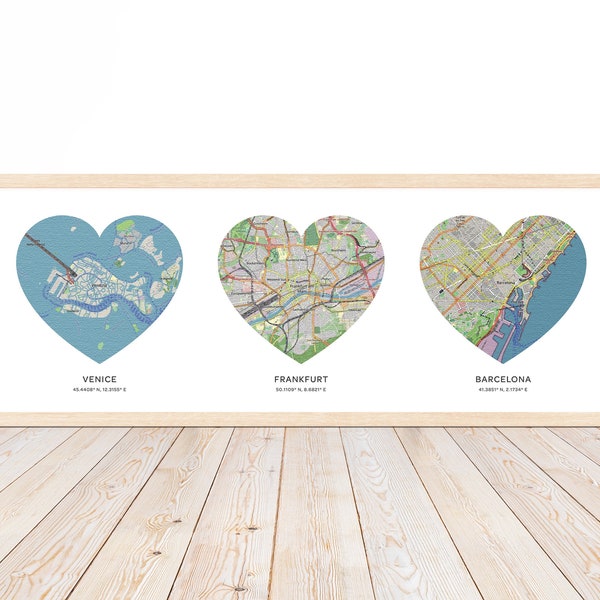 Custom Map Print Hearts 3 Locations | Personalized Maps Canvas | Custom Map Poster | Personalized Gift | Family Maps | Long Distance Map Art