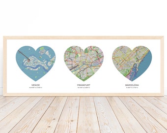 Custom Map Print Hearts 3 Locations | Personalized Maps Canvas | Custom Map Poster | Personalized Gift | Family Maps | Long Distance Map Art