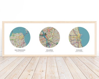 Custom Map Print 3 Locations | Personalized Maps Canvas | Custom Map Poster | Personalized Gift | Family Name Decor | Long Distance Map Art