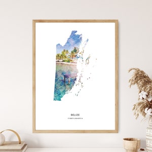 May include: A watercolor illustration of the country of Belize, with a tropical beach scene superimposed over the outline of the country. The text "Belize 17.1899° N, 88.4976° W" is printed below the image.