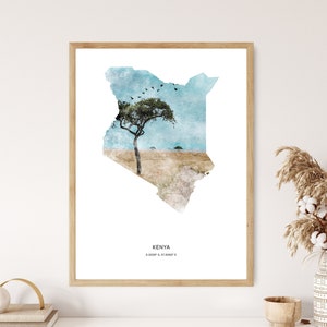 Kenya Imprimer | Impression aquarelle du Kenya | Toile Kenya | Affiche Kenya | Kenya Carte Art | Carte du Kenya