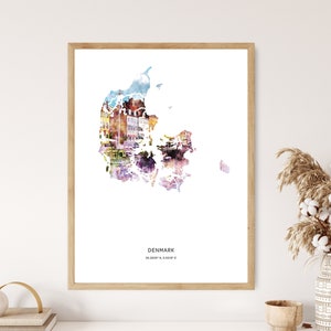 May include: A watercolor print of Denmark, featuring a colorful cityscape and the country's outline. The print includes the text "DENMARK" and the coordinates "56.2639° N, 9.5018° E".