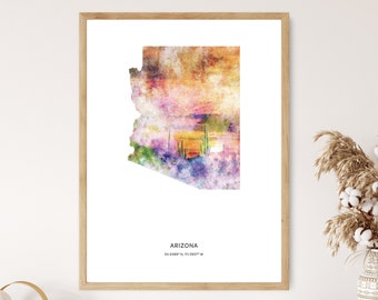 Arizona Print | Arizona Watercolor Print | Arizona Canvas | Arizona Poster | Arizona Map Art | Map of Arizona