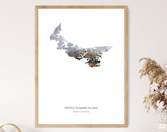 May include: A watercolor print of Prince Edward Island, Canada. The island is outlined in gray and filled with a watercolor wash of blue and gray. The island is overlaid with a photo of colorful houses. The text "Prince Edward Island" and the coordinates "46.5107° N, 63.4189° W" are printed below the island.