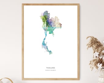 Thailand Print | Thailand Watercolor Print | Thailand Canvas | Thailand Poster | Thailand Map Art | Map of Thailand